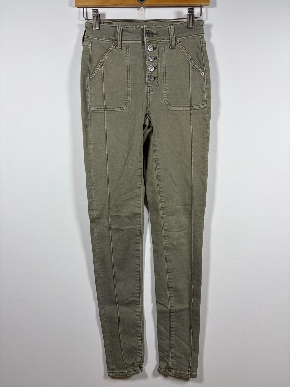 American Eagle Outfitters Olive Green High-Rise Jeggings with Button Fly